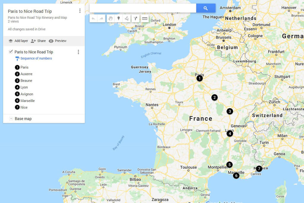 Paris to Nice Road Trip Map