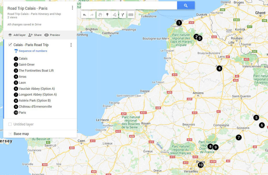 Road Trip Calais - Paris Map