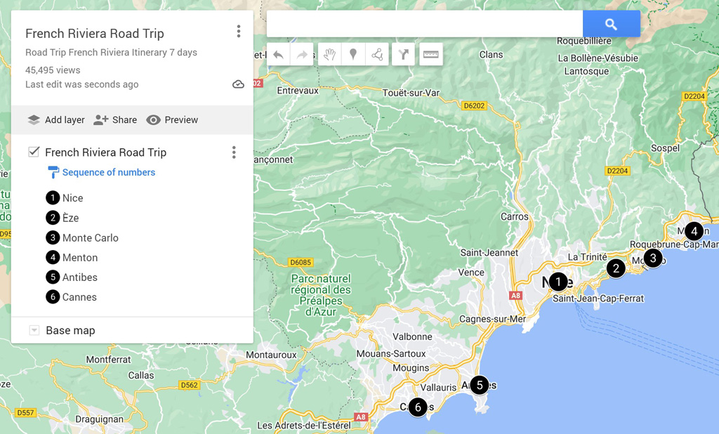 French Riviera road trip map. French Riviera itinerary 7 days. Côte d'Azur itinerary 7 days. Côte d'Azur road trip map